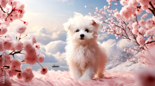 Cute little Maltese puppy sitting on pink Sakura background.