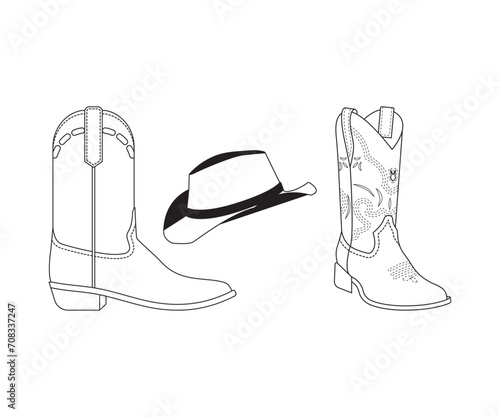Cowboy Boots Vector graphic , Cowboy boots and western hat Clipart, outline