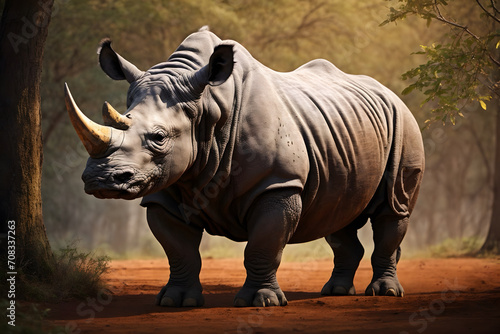 A close up of a beautiful adult rhinoceros with an isolated background