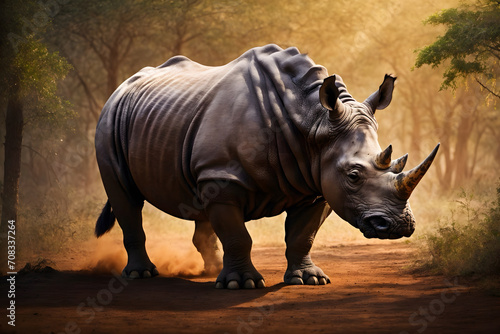 A close up of a beautiful adult rhinoceros with an isolated background