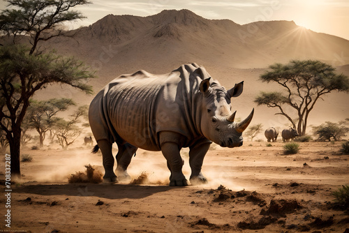 A close up of a beautiful adult rhinoceros with an isolated background