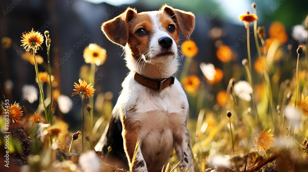 Portrait of a cute dog on a background of yellow flowers. Portrait of a cute dog on a background of yellow flowers.