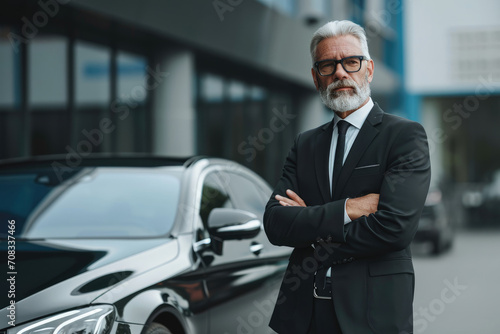 A senior businessman standing in front of a luxury car © Kien