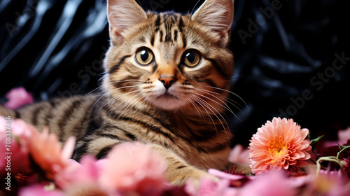 Cute Bengal kitten and flowers on black background.