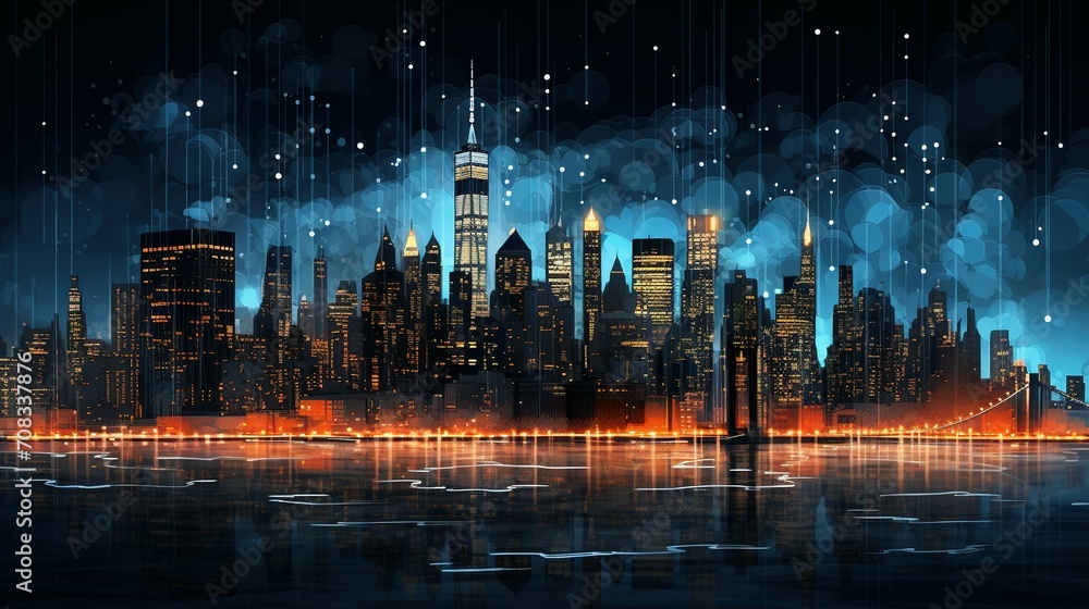 Skyline of New York city at night, generative AI