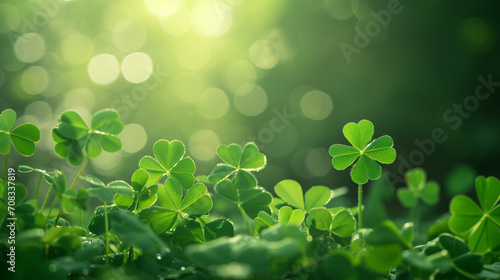 Clover with blurred background with space for text, concept St.Patrick 's Day, Clover leaves on the green light background, Ai generated image  photo