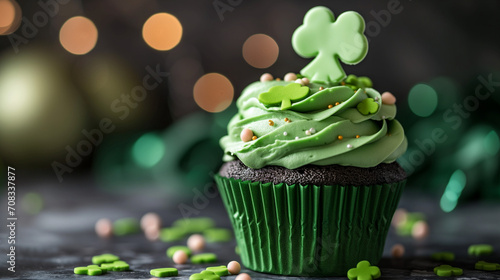Cupcake with frosting, Green clover leaf on bokeh background. St. Patrick's day concept, Cupcake with shamrock topper, Ai generated image 