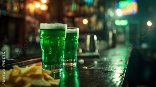 Glass of beer on a bar counter, Glasses of green beer and crisps on bar counter and blurred background, Ai generated image 
