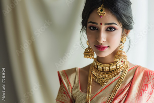 beautiful indian woman in saree and wearing jewelry © Kien