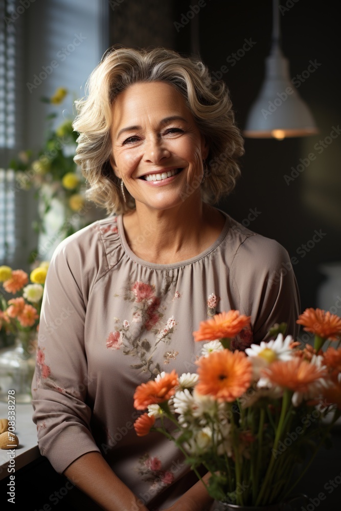 Portrait of a smiling middle-aged woman with flowers