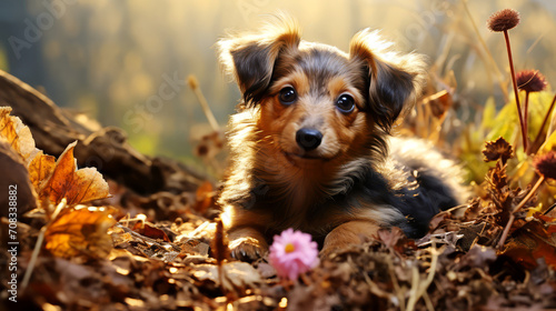 Portrait of a cute purebred puppy of the Dachshund in the autumn park. photo