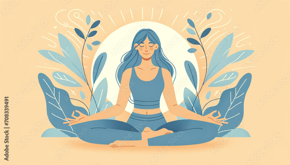 Mindful Oasis: Radiant Woman in Lotus Pose with Nature's Aura Illustration