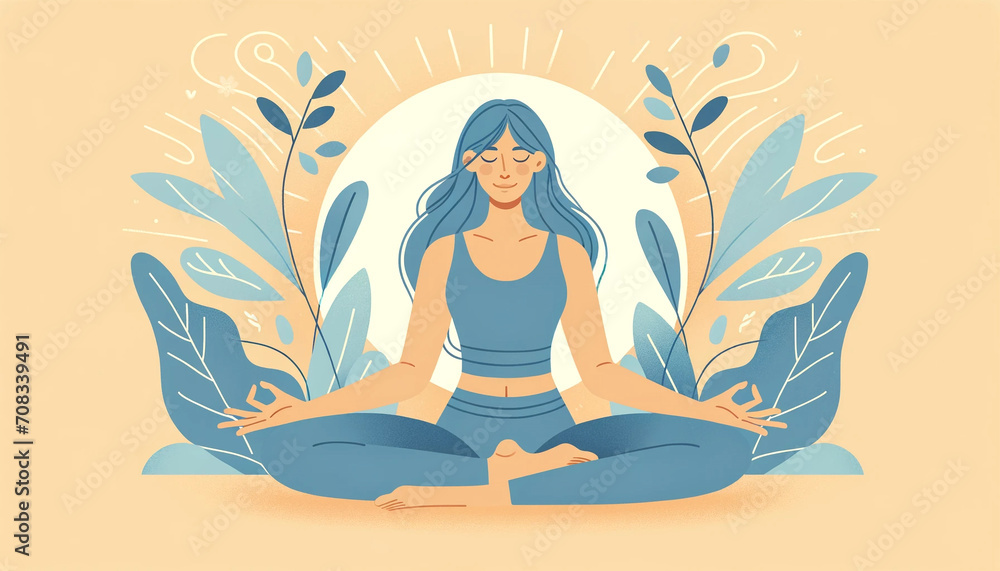 Mindful Oasis: Radiant Woman in Lotus Pose with Nature's Aura Illustration Mindful Oasis: Radiant Woman in Lotus Pose with Nature's Aura Illustration