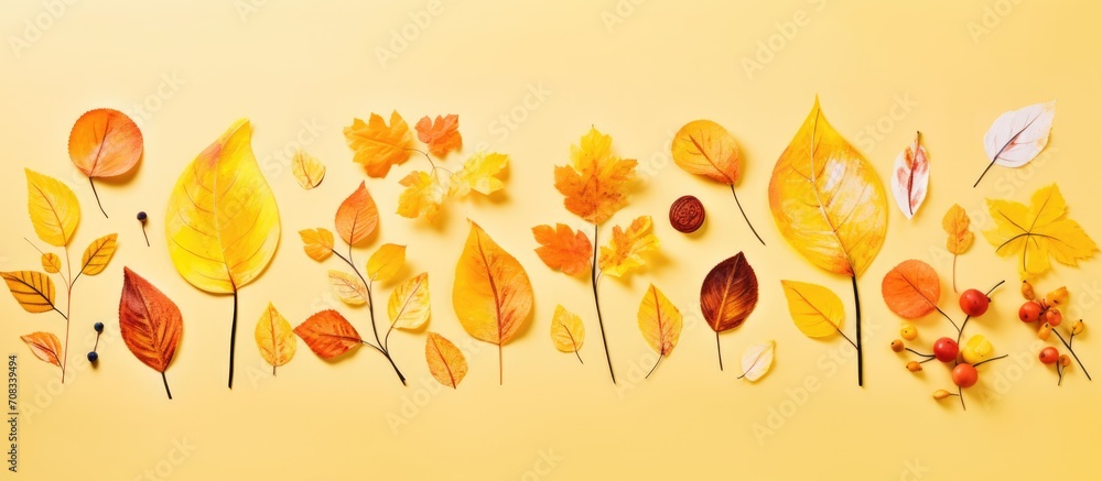 Fototapeta premium Children create DIY autumn leaf art with hand-painted leaves, brushes, and paints on a yellow background.