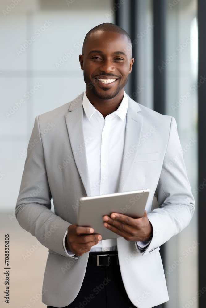 Smiling Businessman with Tablet in Office Corridor