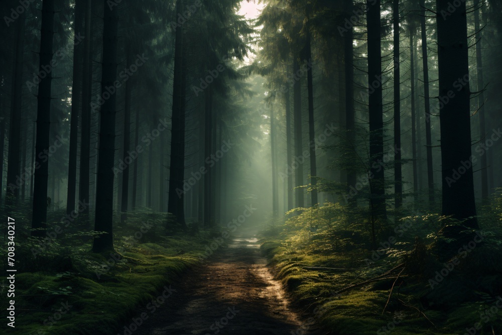 Naklejka premium A road in a forest filled with trees