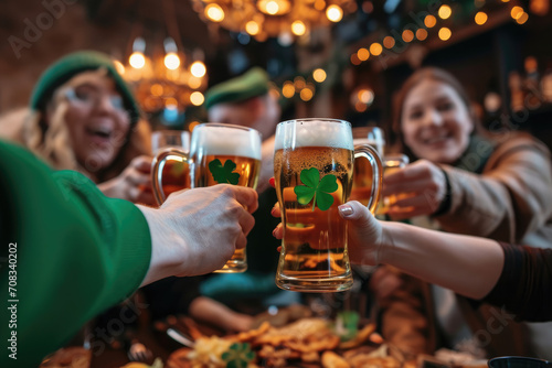 Friends celebrating St. Patrick Day with food and beer mug at an Irish pub photo