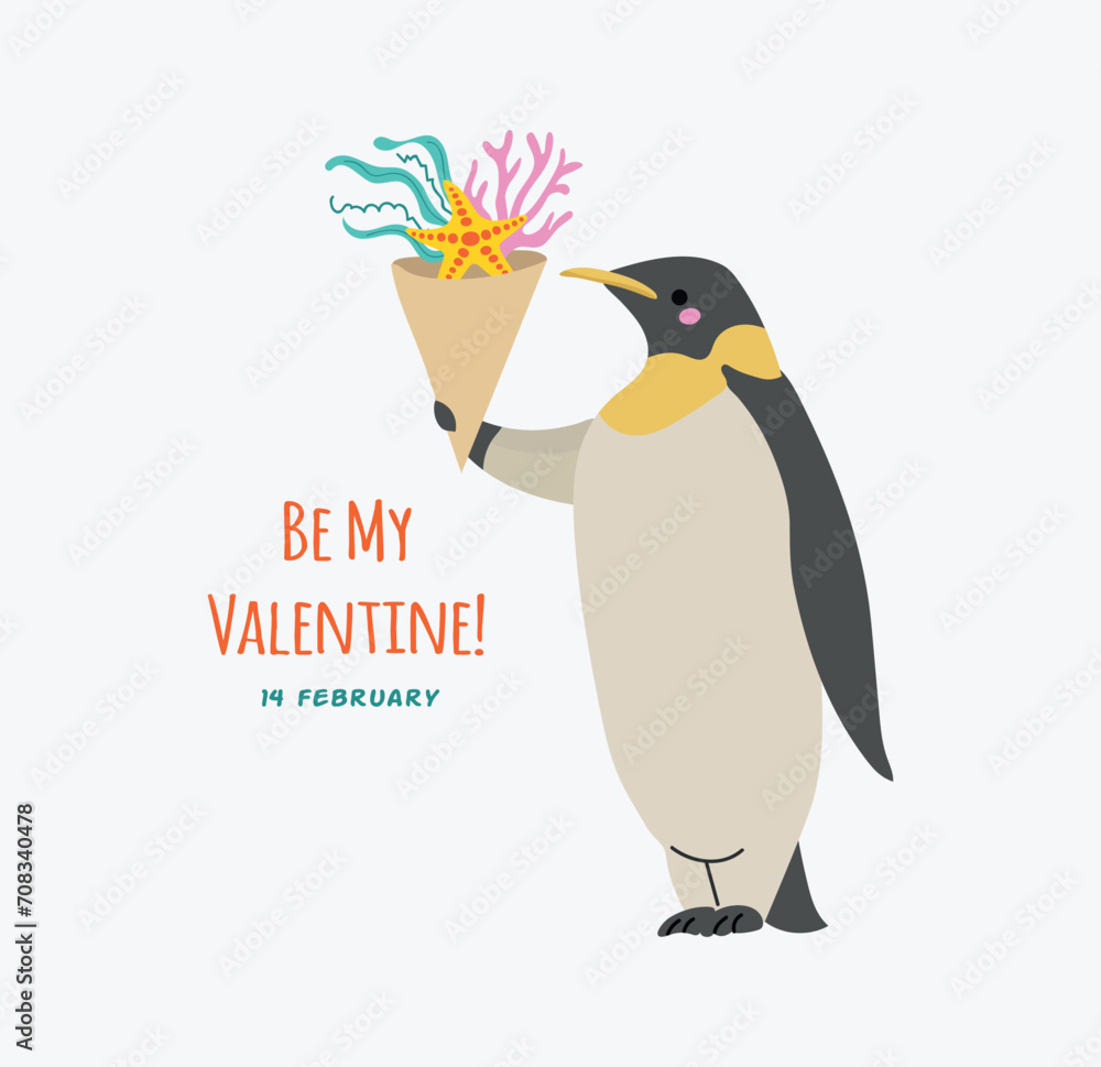 Naklejka premium St Valentines day card with cartoon pinguine with seaweed bouquet and vector illustration