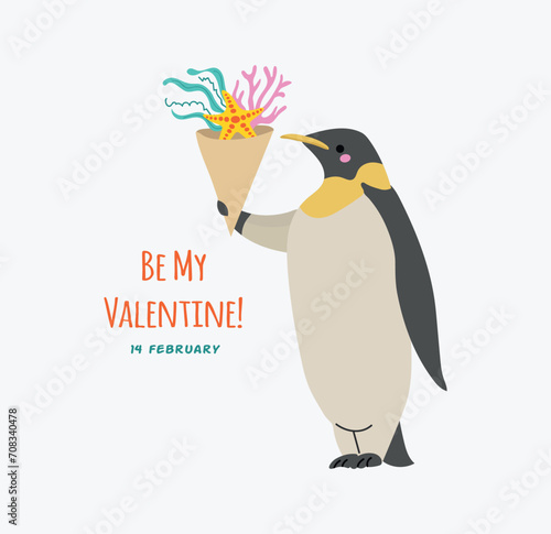 St Valentines day card with  cartoon pinguine with seaweed bouquet and vector illustration