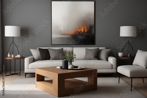 Living room interior design  modern home with framed art  dark theme