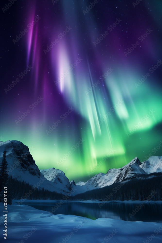 Scenic of Northern lights aurora borealis green and purple with snow mountains Reflection in the lake water at night, In Scandinavia Country Winter Season, North pole, Northern Europe, Vertical
