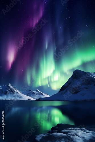 Scenic of Northern lights aurora borealis green and purple with snow mountains Reflection in the lake water at night, In Scandinavia Country Winter Season, North pole, Northern Europe, Landscape photo
