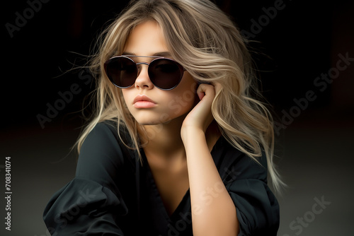 Beautiful sexy girl in sunglasses, black isolated background. © Iryna