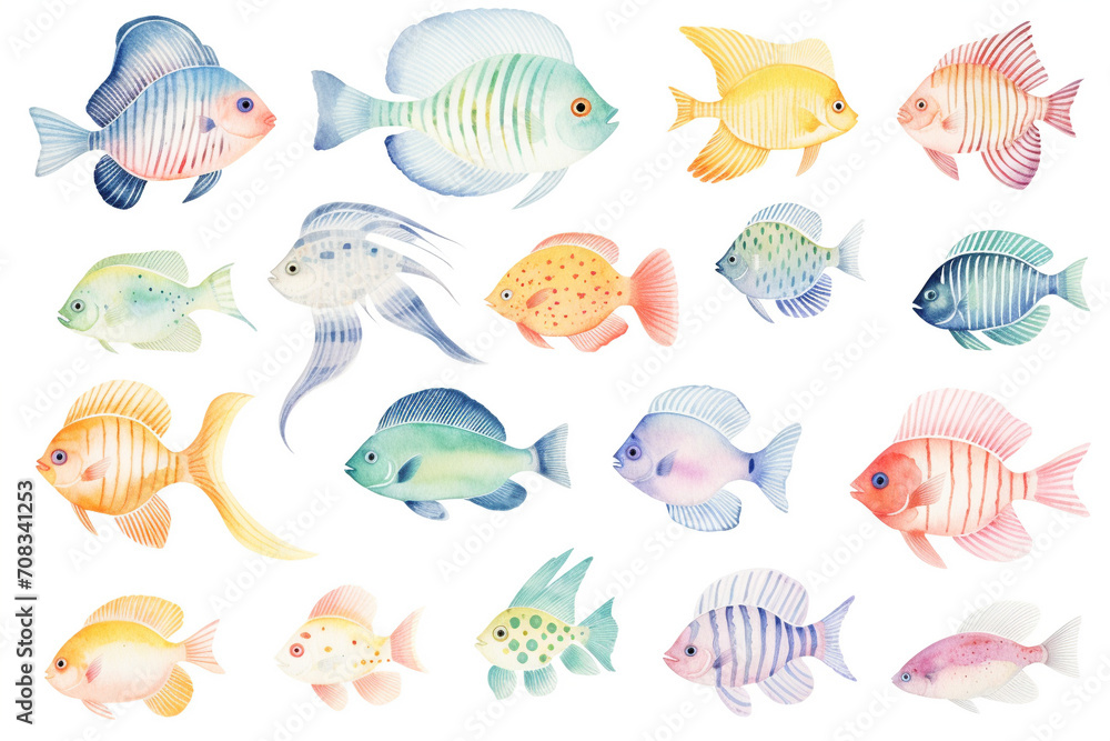 Set of watercolor paintings Angelfish on white background. 