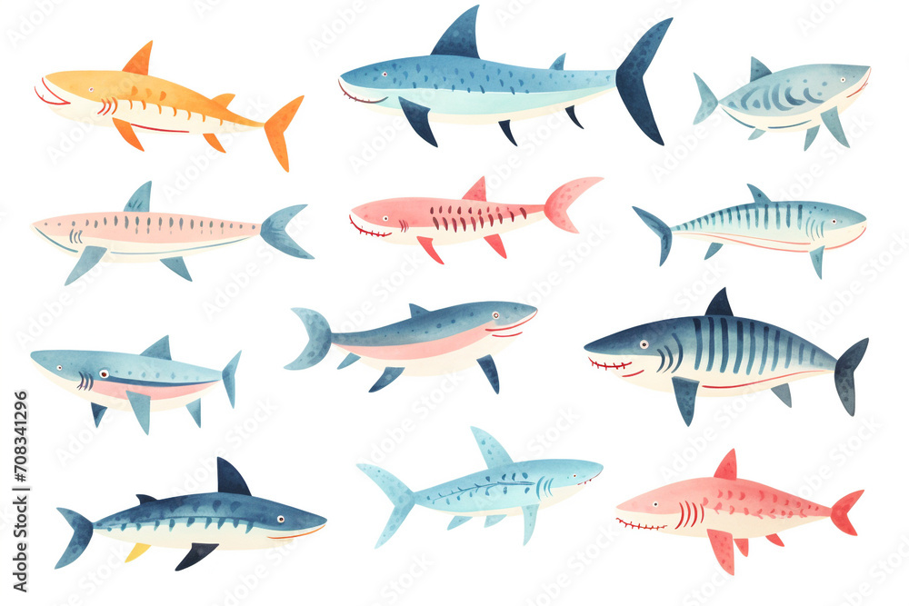Set of watercolor paintings Shark fish on white background. Set of watercolor paintings Shark fish on white background.