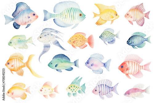 Set of watercolor paintings Angelfish on white background. 