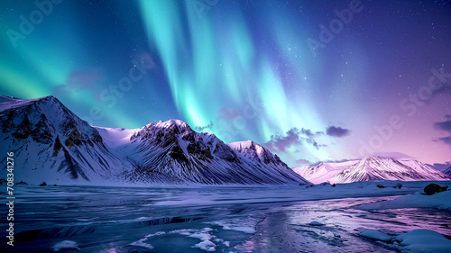Landscape of Northern lights aurora borealis green and purple with snow mountains Reflection in the lake water at night, In Scandinavia Country Winter Season, North pole, Northern Europe