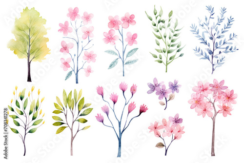 Watercolor painting.Flowering trees symbols on a white background. 