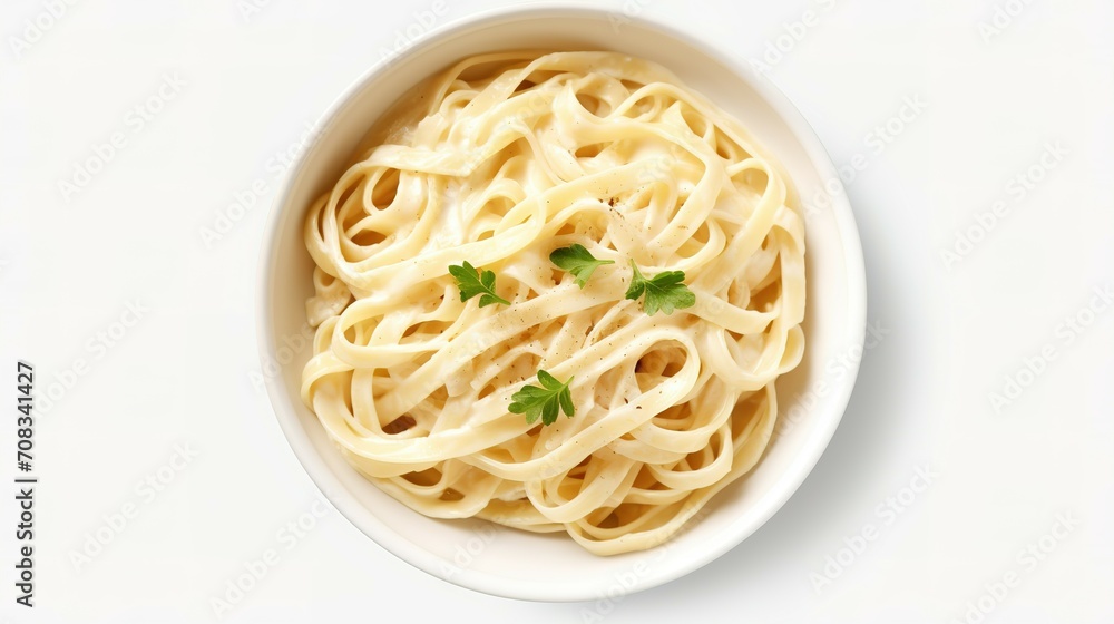 Bowl of fettucini alfredo with garnish isolated on transparent background, top down view, view from above, delicious Italian pasta dish food for menu Bowl of fettucini alfredo with garnish isolated on transparent background, top down view, view from above, delicious Italian pasta dish food for menu