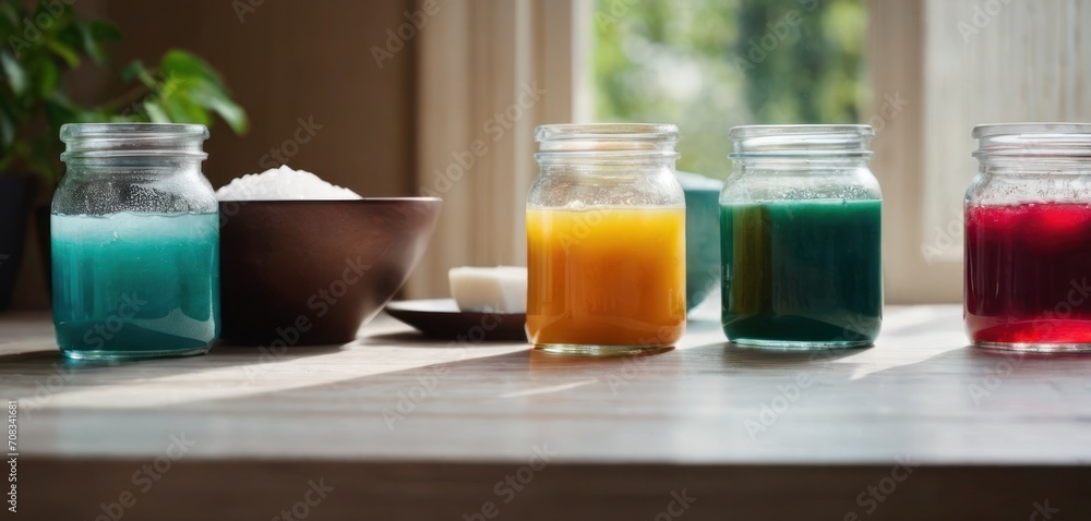 a group of jars filled with liquid sitting on top of a table next to a bowl and bowl of food. a group of jars filled with liquid sitting on top of a table next to a bowl and bowl of food.