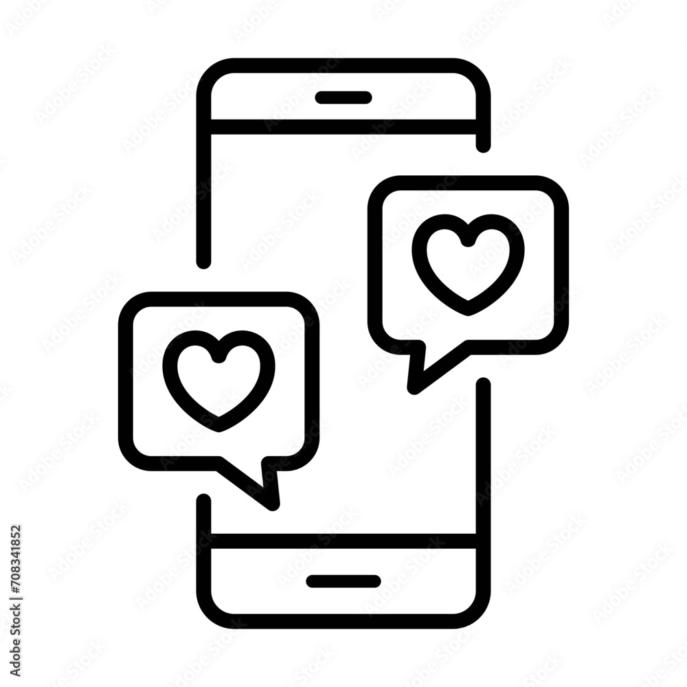 Black single smartphone with heart bubble message line icon, simple digital graphic flat design pictogram, infographic vector for app logo web button ui ux interface isolated on white background Black single smartphone with heart bubble message line icon, simple digital graphic flat design pictogram, infographic vector for app logo web button ui ux interface isolated on white background