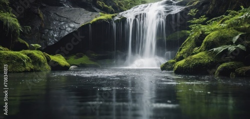  a waterfall in the middle of a forest with moss growing on the rocks and water running down the side of it.