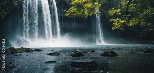  a large waterfall in the middle of a forest filled with lots of rocks and a lush green leafy tree.