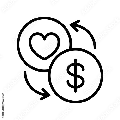 Black single trade love thin line icon, simple donation or heart exchange flat design pictogram, infographic vector for app logo web button ui ux interface elements isolated on white background