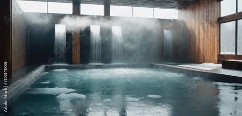  a hot tub with steam coming out of it in a room with a large window and a wooden paneled wall. photo
