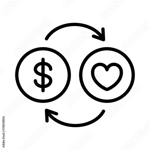 Black single trade love thin line icon, simple donation or heart exchange flat design pictogram, infographic vector for app logo web button ui ux interface elements isolated on white background