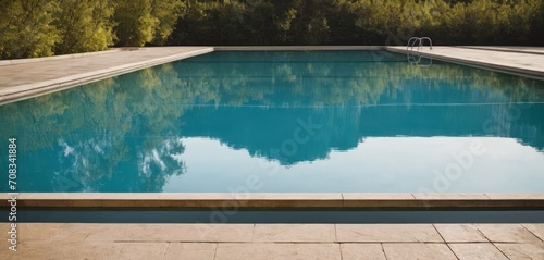  a large swimming pool with a sky reflection in the water and trees in the back ground of the swimming pool.