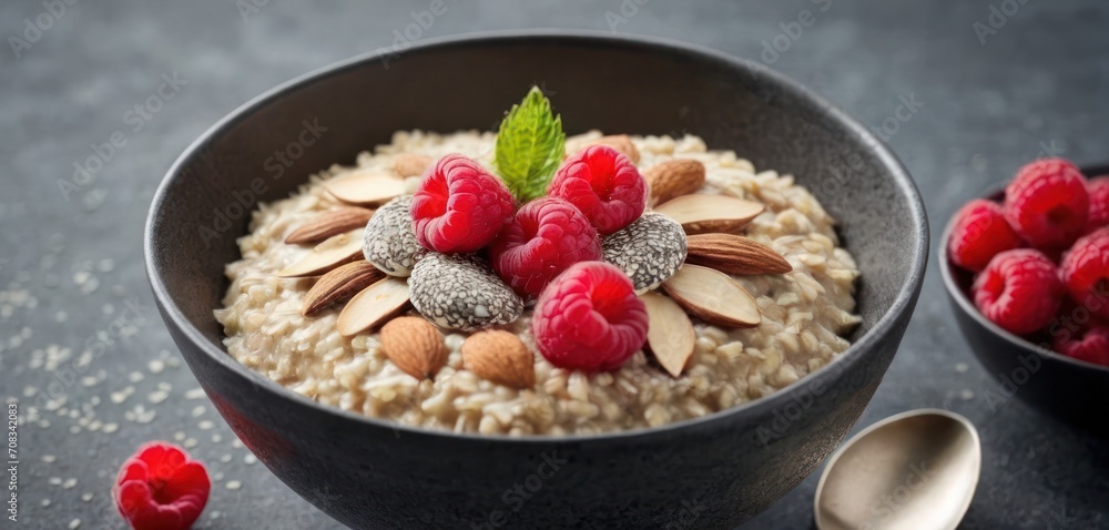 a bowl of oatmeal with almonds, raspberries, and almonds on a table. a bowl of oatmeal with almonds, raspberries, and almonds on a table.