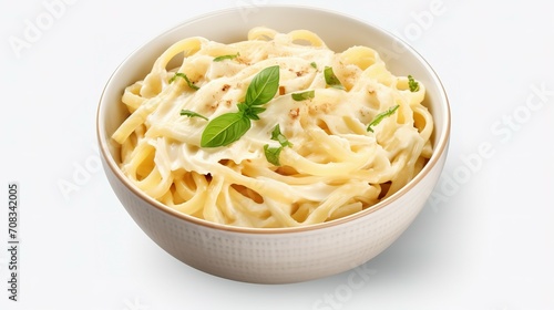 Bowl of fettucini alfredo with garnish isolated on transparent background, top down view, view from above, delicious Italian pasta dish food for menu