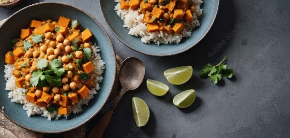 two plates of food with rice, beans and cilantro next to a bowl of cilantro and lime. two plates of food with rice, beans and cilantro next to a bowl of cilantro and lime.