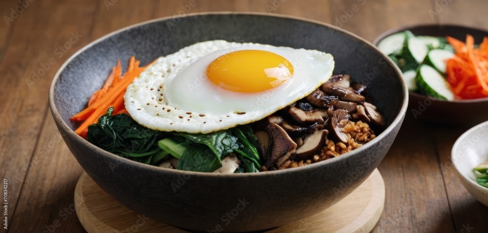 a bowl with mushrooms, carrots, and an egg on top of it next to a bowl of salad. a bowl with mushrooms, carrots, and an egg on top of it next to a bowl of salad.