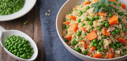  a bowl of rice, peas, carrots, and parsley on a wooden table with two spoons.