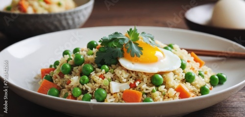  a plate of rice, peas, carrots, and an egg on top of it with chopsticks.