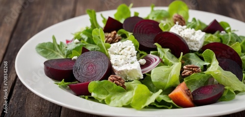  a salad with beets, lettuce, feta cheese, and walnuts on a white plate.