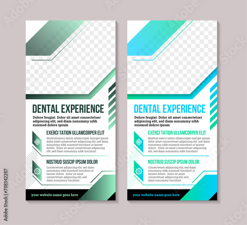 Dental care, dentist and tooth vertical banner with medical instruments and diagonal for photo in blue and green color element on white background. Dental treatment and hygiene concept