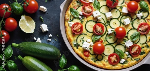  a pizza with zucchini, tomatoes, cucumbers, and feta cheese on a black surface. © Jevjenijs